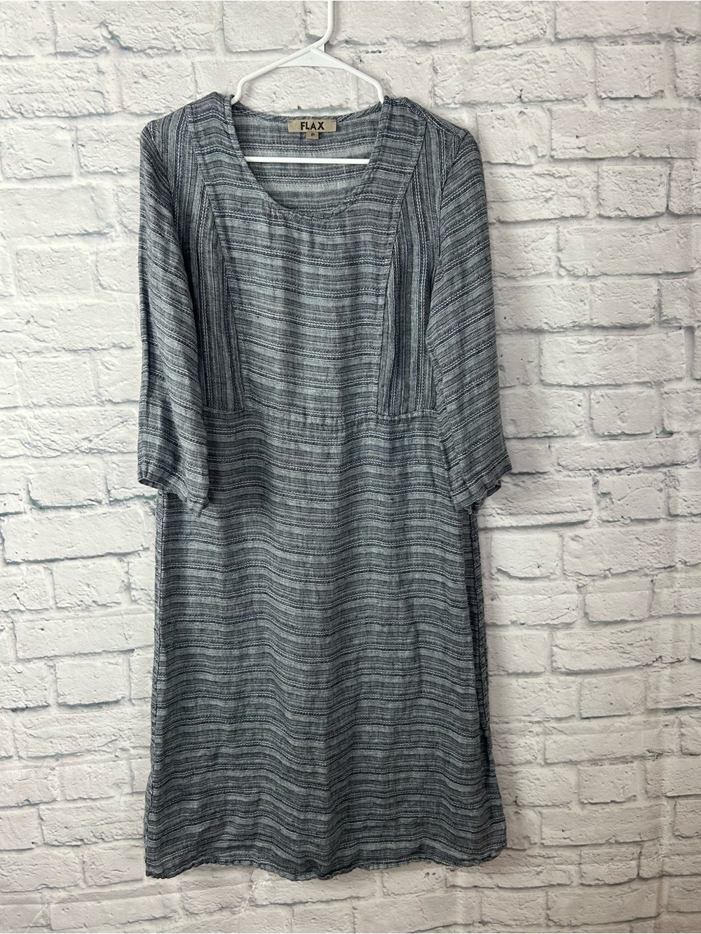 FLAX Linen Dress Small Gray Striped Lagenlook Midi Tunic 3/4 Sleeve